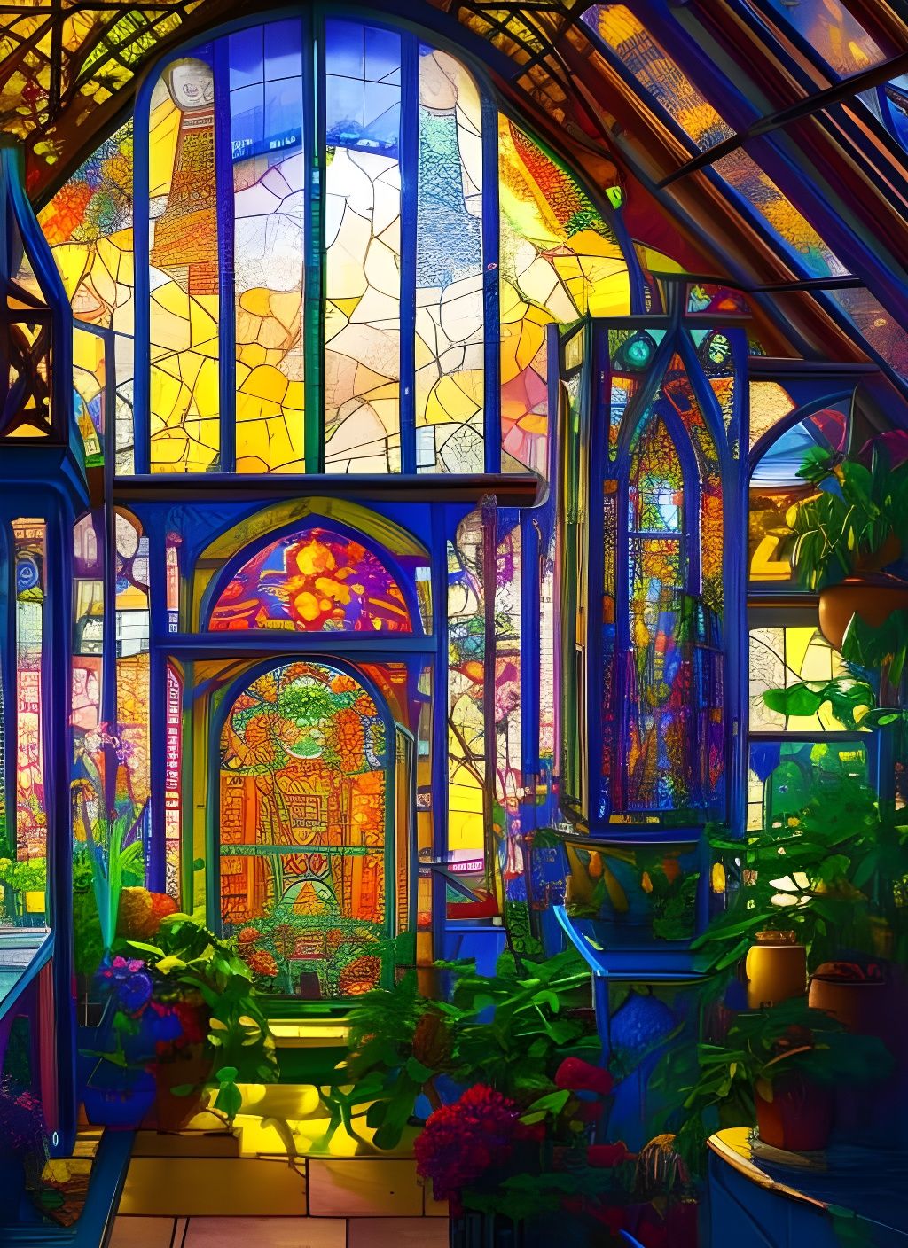 Stained glass greenhouse - AI Generated Artwork - NightCafe Creator