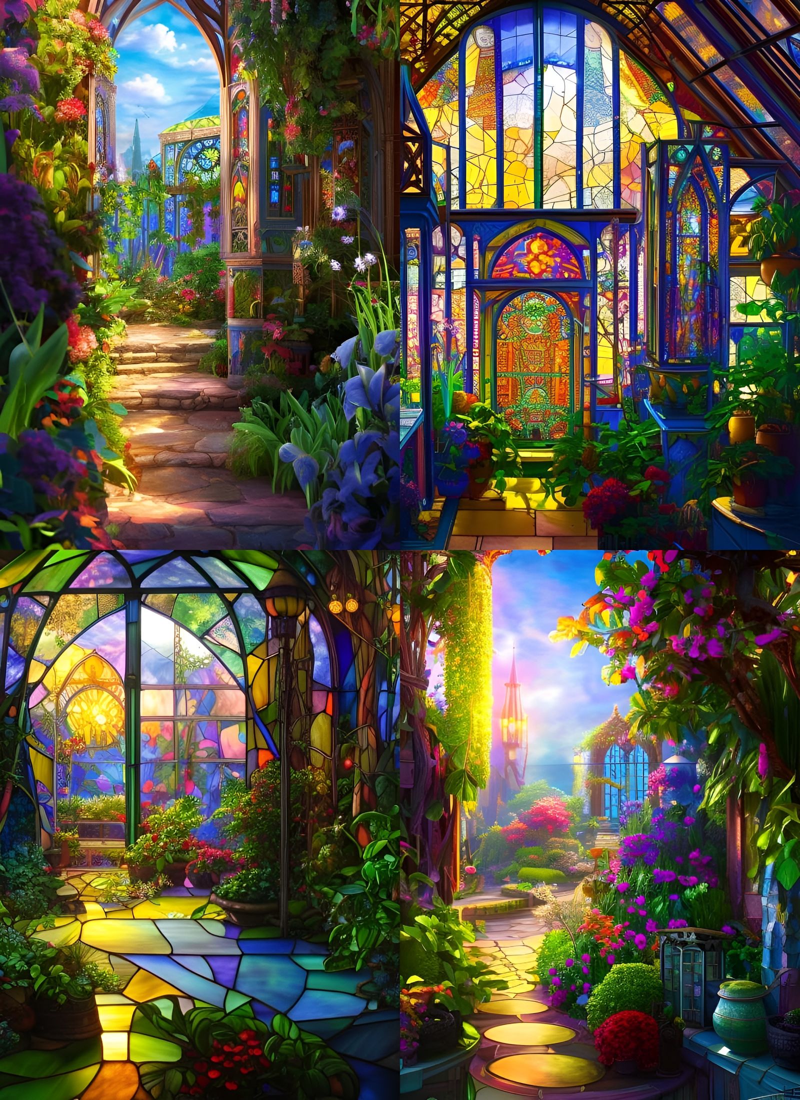 Deep depth of field, fantasy greenhouse with stained glass windows ...