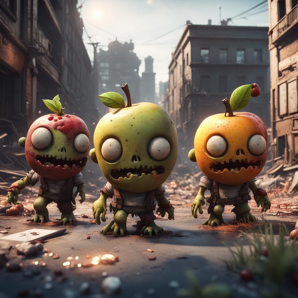 cute fruit zombies wandering a horrific post apocalyptic cityscape  by @ManiacEx