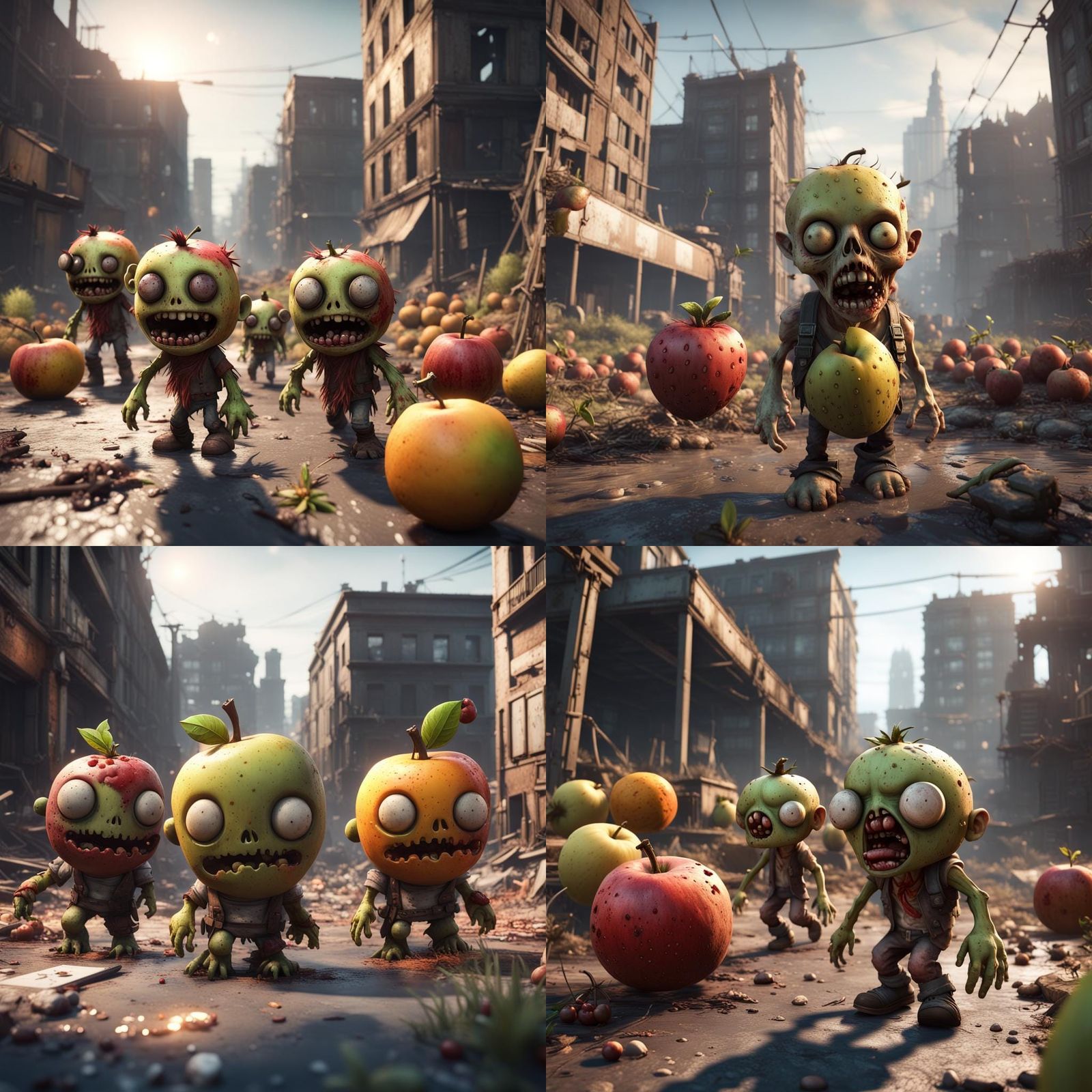 cute fruit zombies wandering a horrific post apocalyptic cityscape