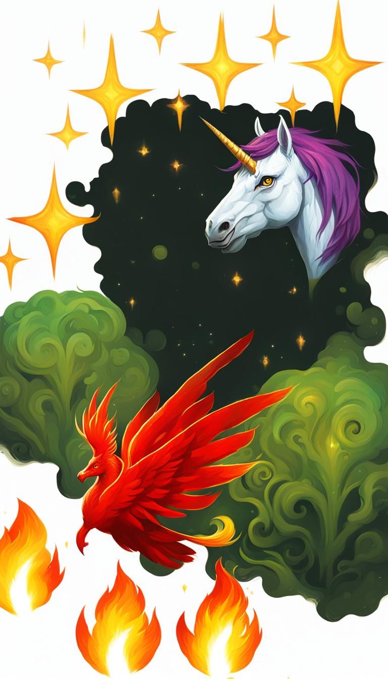 A mythical unicorn and a phoenix meet in a hidden dimension ...