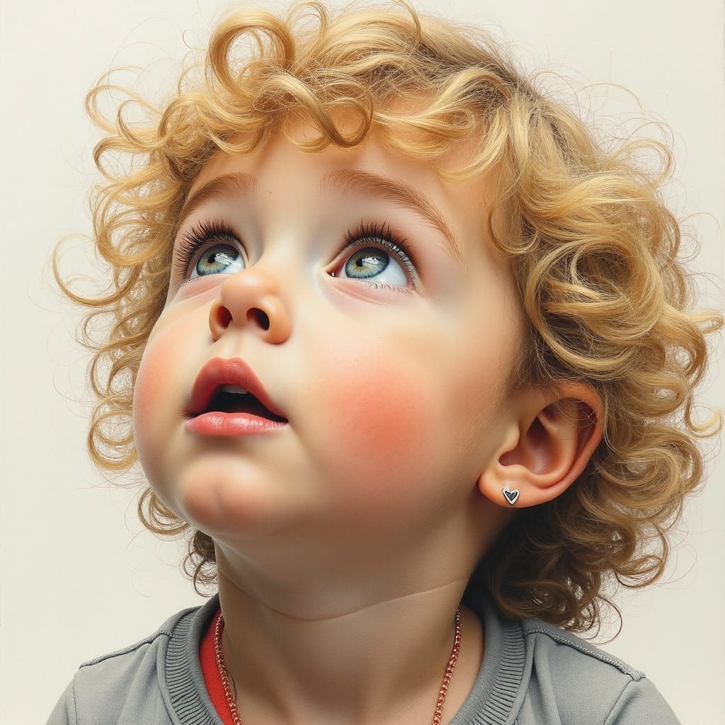 A closeup color charcoal sketch of a blonde curly haired childs face looking up with an expression of ...  by @Dantonio