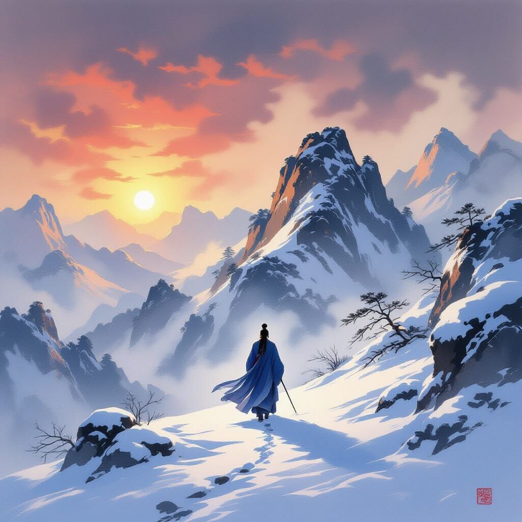 Figure Ascends Snowy Peak in Ink Wash Style