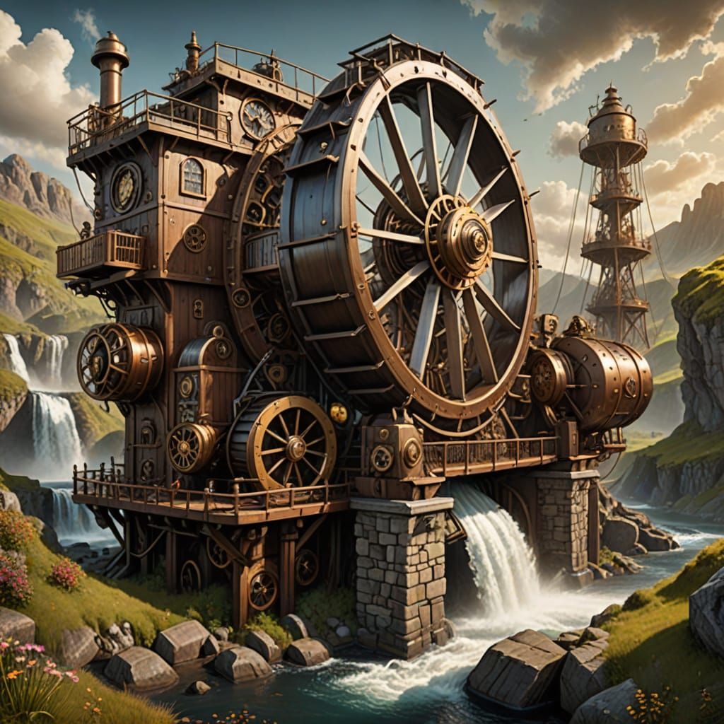 Steampunk hydropower plant  by @OckhamsRazor