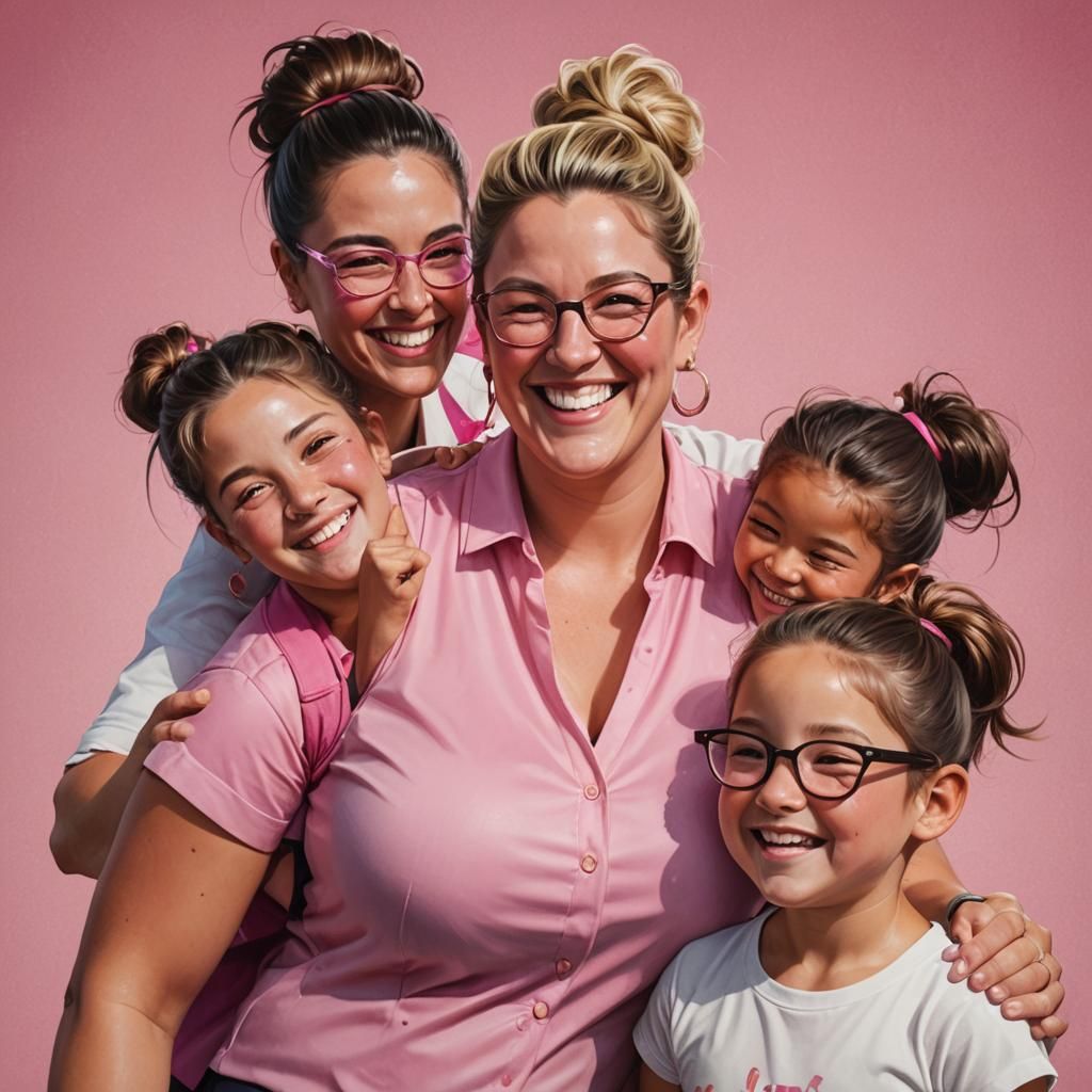 A white chubby business woman with a teen daughter and a young son, wearing  a pink suit,with white tank top underneath glasses, hair pulled... - AI  Generated Artwork - NightCafe Creator