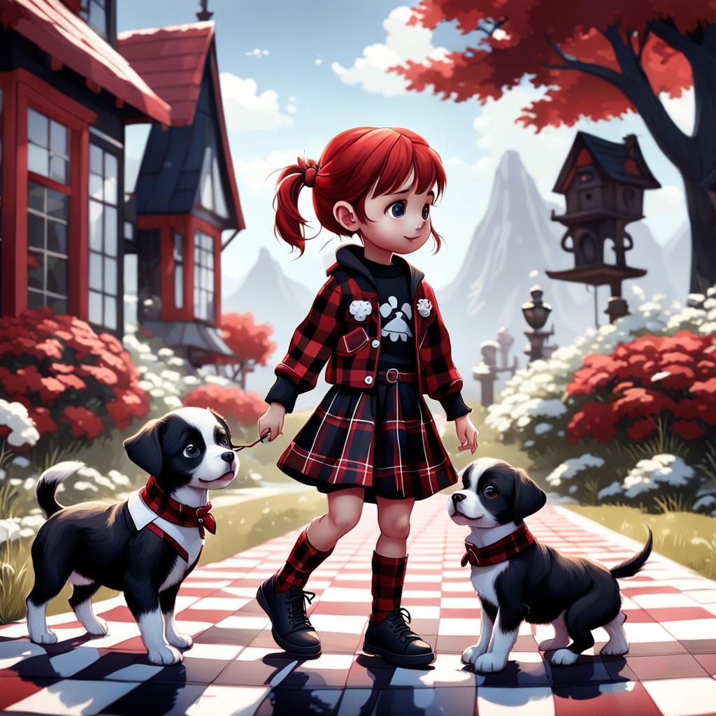 A cute little girl and boy in a Red White and Black plaid outfits playing outside with a cute little ...  by @Tara