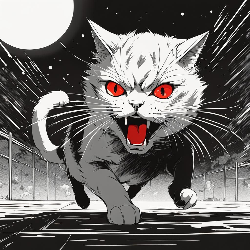 Black and white cat chasing a red dot and is angry-looking b...