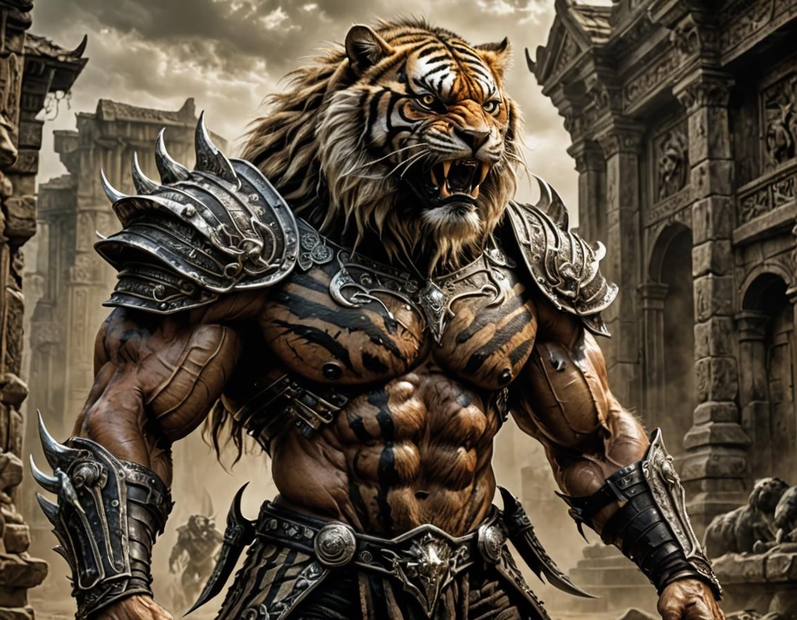 eerie scary striped sabertooth tiger man with muscles and in...