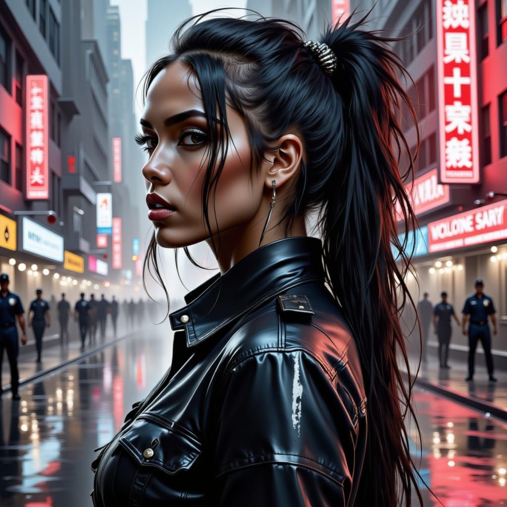 cyber andriod woman, neon, alone in dystopian land, <lora:Chaotic order:1.0>