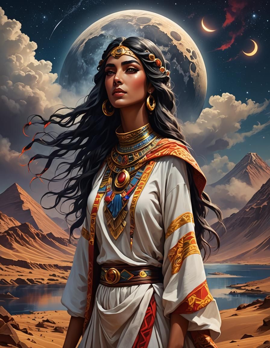Eclipse of beautiful moon girl, flowing weather,  windy day,...