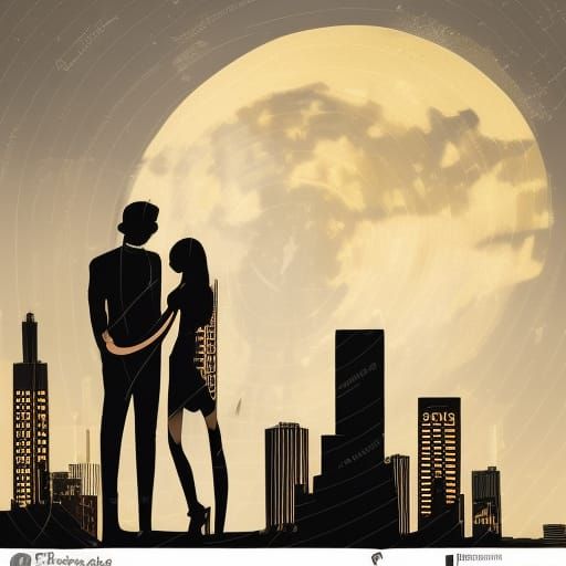 Romantic Couple Silhouetted Under Moonlit Cityscape