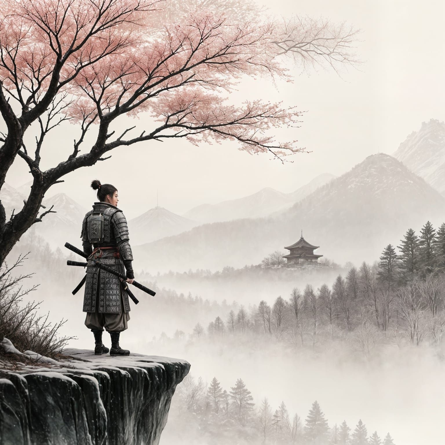 <lora:Kakejiku:1.0> A lone female samurai warrior, clad in ornate, snow-dusted armor, stands stoically  under a Sakura tree  on a cliff. The...