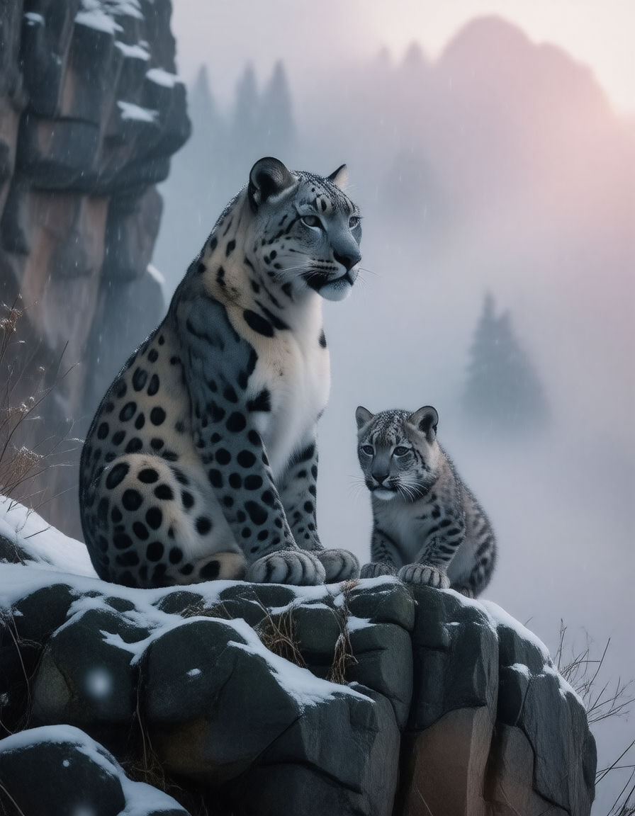 Snow Leopard and cub sitting on top of a small cliff area