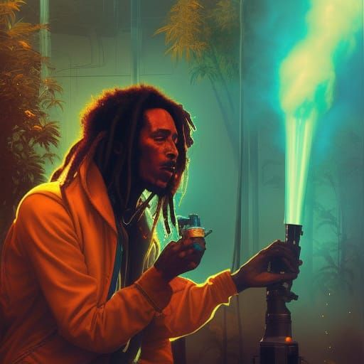 bob marley smokes ganja with the waterpipe im cyberpunkstyle