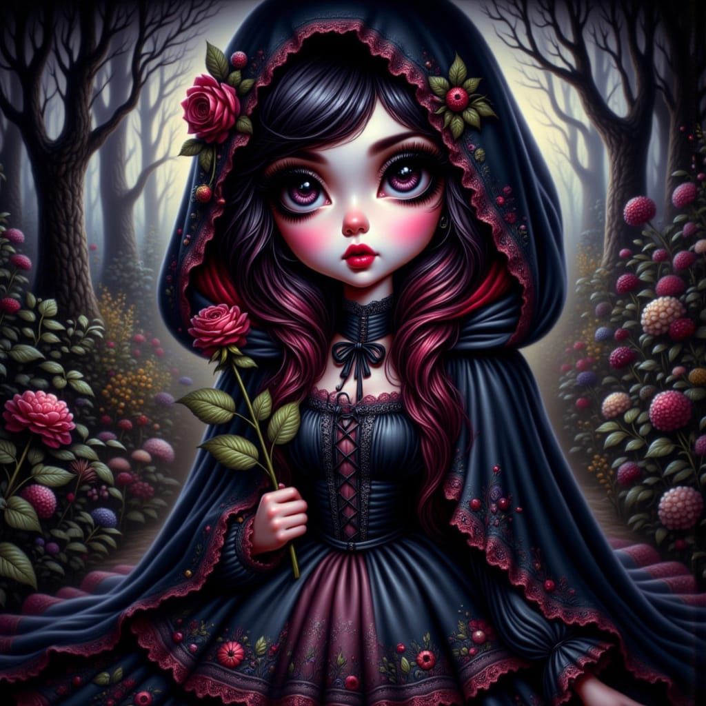 a little gothic girl dressed in a black dress with embroderied floral trim.   black hair with red highlights, wearing a hooded cloak. She is...