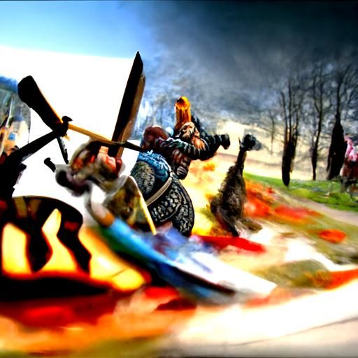 Viking battle action painting 8K resolution HDR vignette fan...