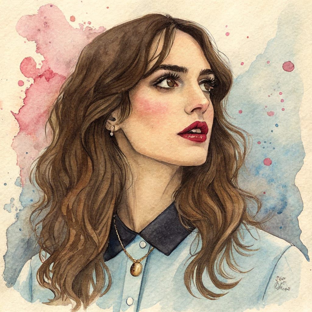 a woman with long, wavy brown hair and dark eyes