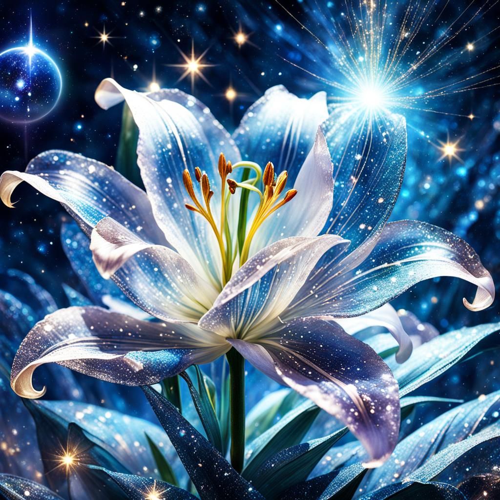 Sparkling lily under sparking stars  by @NillyBot