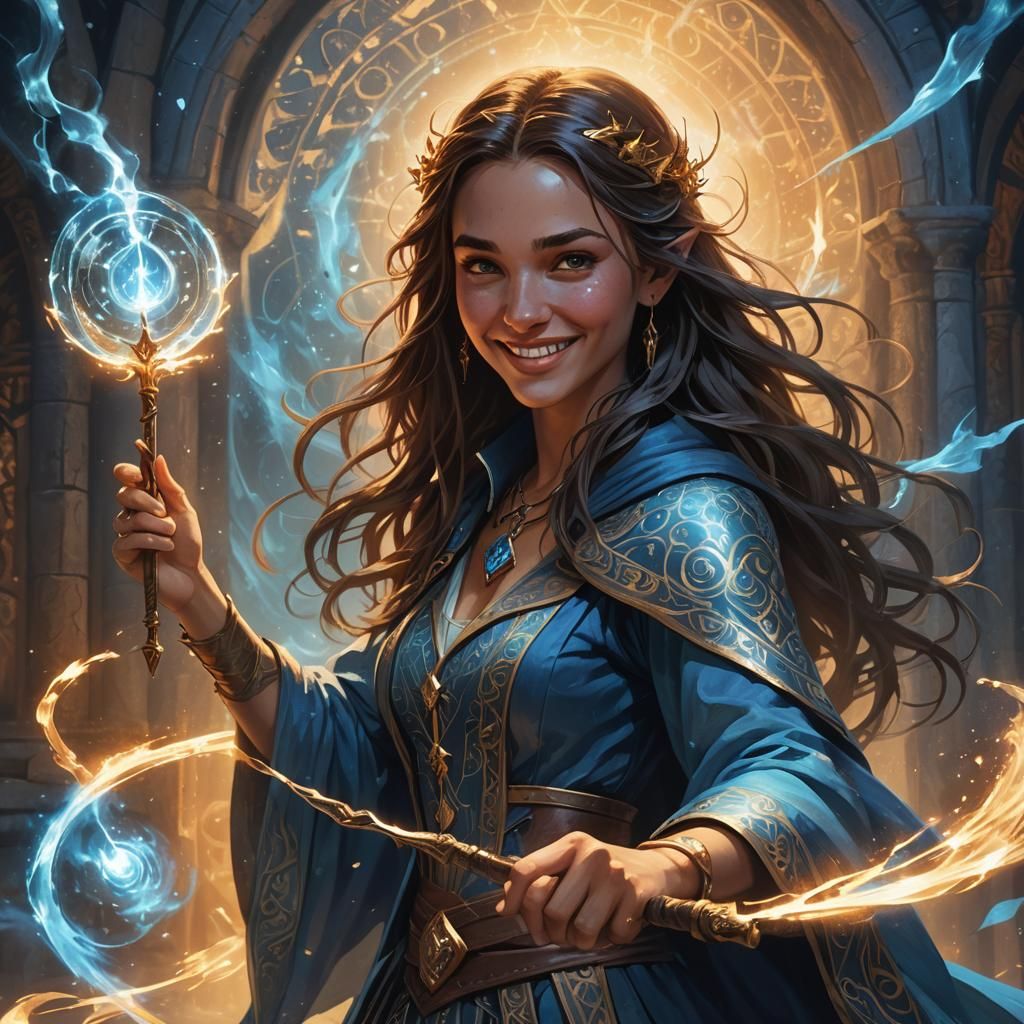 Smiling Sorceress with Magic Wand in Fantasy Art Style