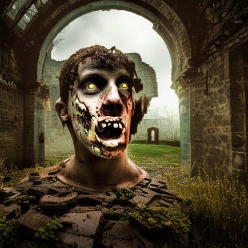 Floating zombie head in the Ruins of a medieval castle