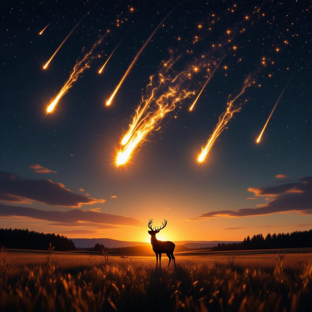 Deer Gazes Up at Fiery Meteors in High-Definition Night Sky