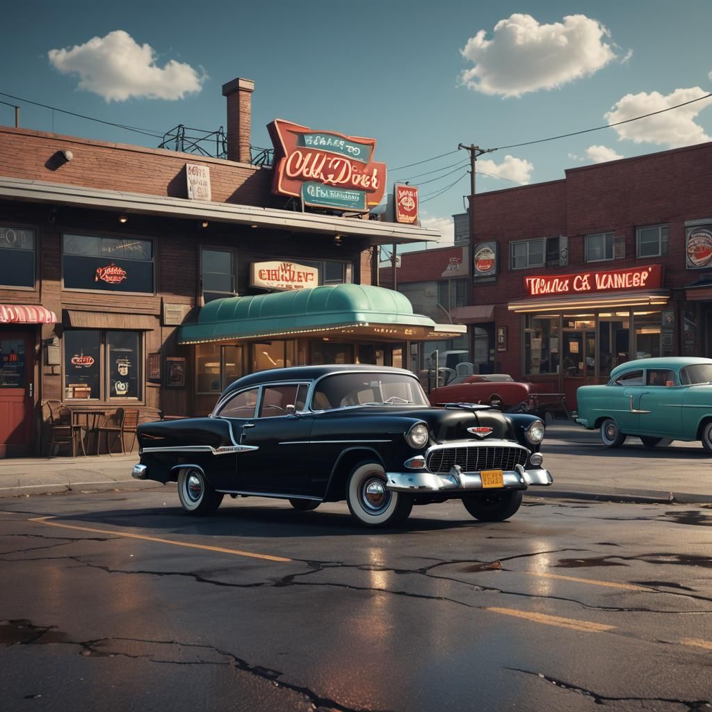 1955 black chevy coupe in center background outside old dine...