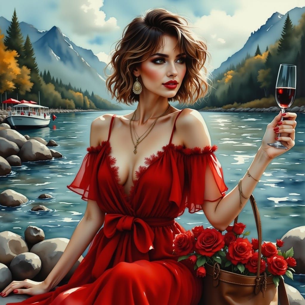  <lora:InkDrrawFlux:1.0> close up of a stunning woman in the barm drinking water, red clothes