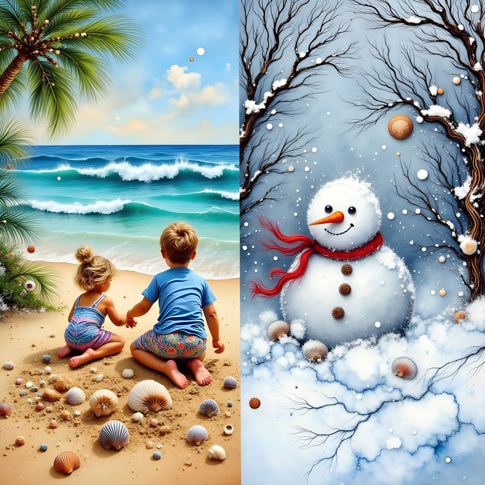 Summer Children on Beach and Winter Snowman  by @posyrosie