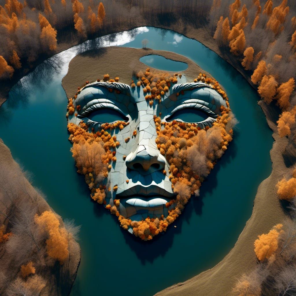  <lora:Camino:1.0> hyperdetailed surreal image of a face formed in a lake made from fallen autumn leaves