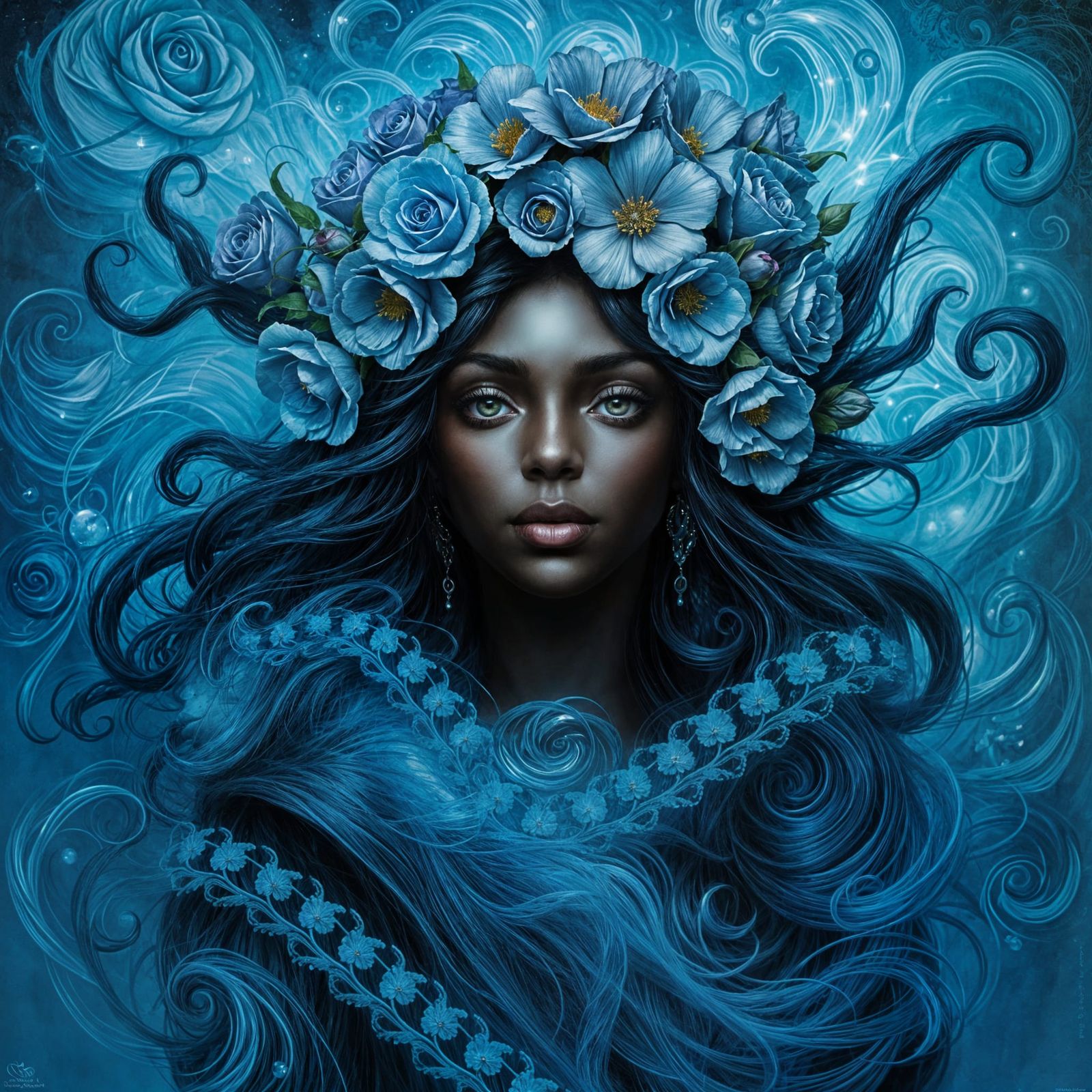 An ethereal black orisha emerges from a swirling mist of BLUE roses, her hair adorned with vibrant blooms, ...  by @Conjur