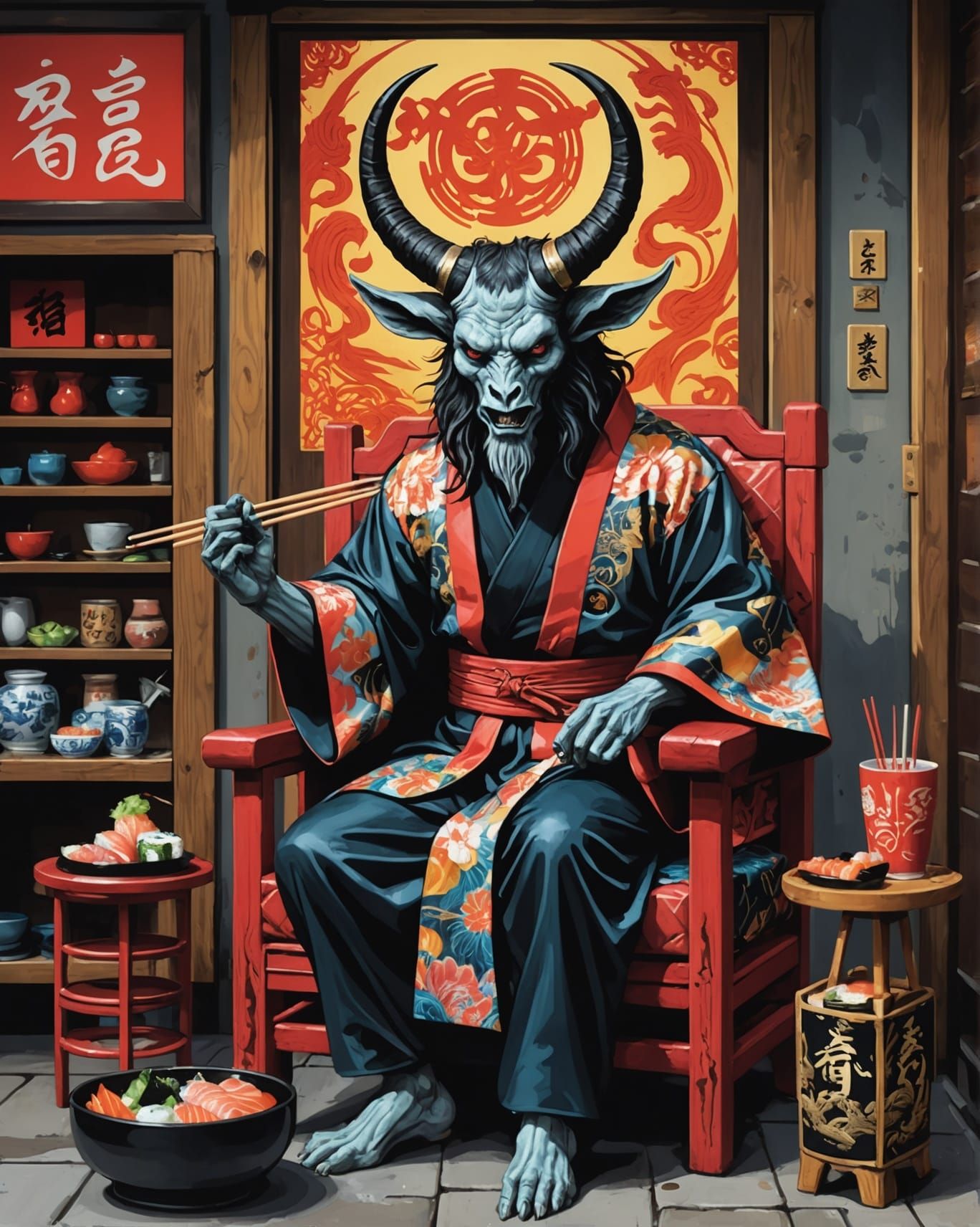 baphomet who sits on a small chair and who eats sushi with c...