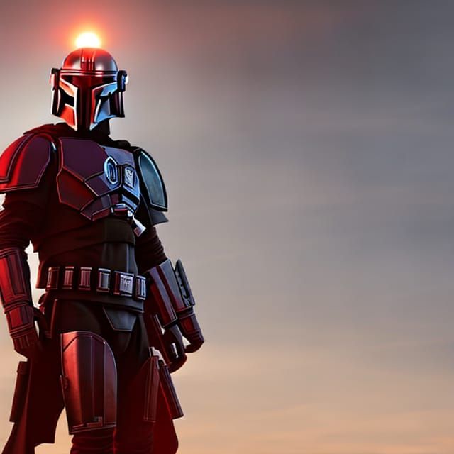 Mandalorian in Crimson Red armor, standing before an alien p...