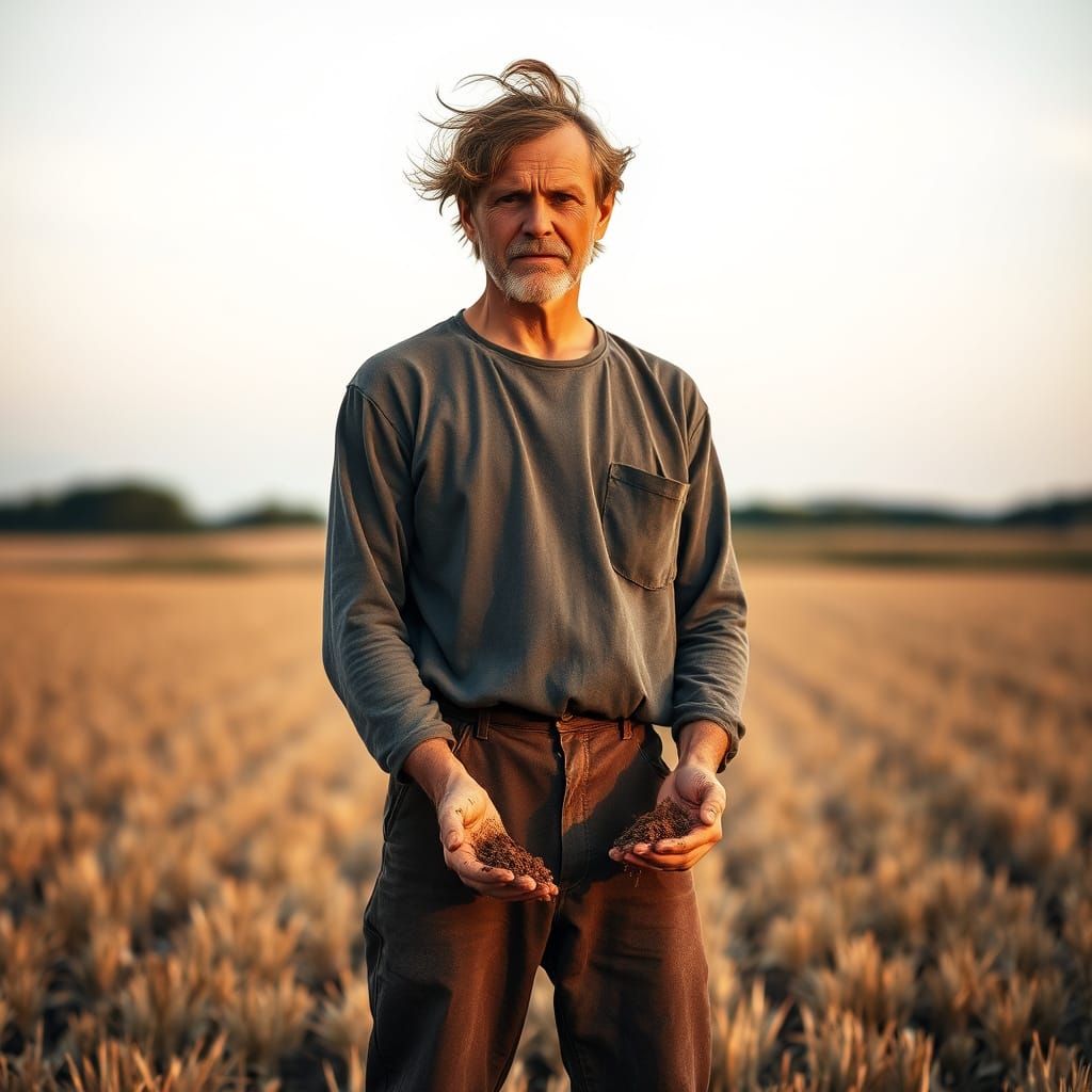 Outdoor portrait of a farmer standing in a field, wind tousling hair, soil on hands. Strong yet unposed ...  by @ErinBergum