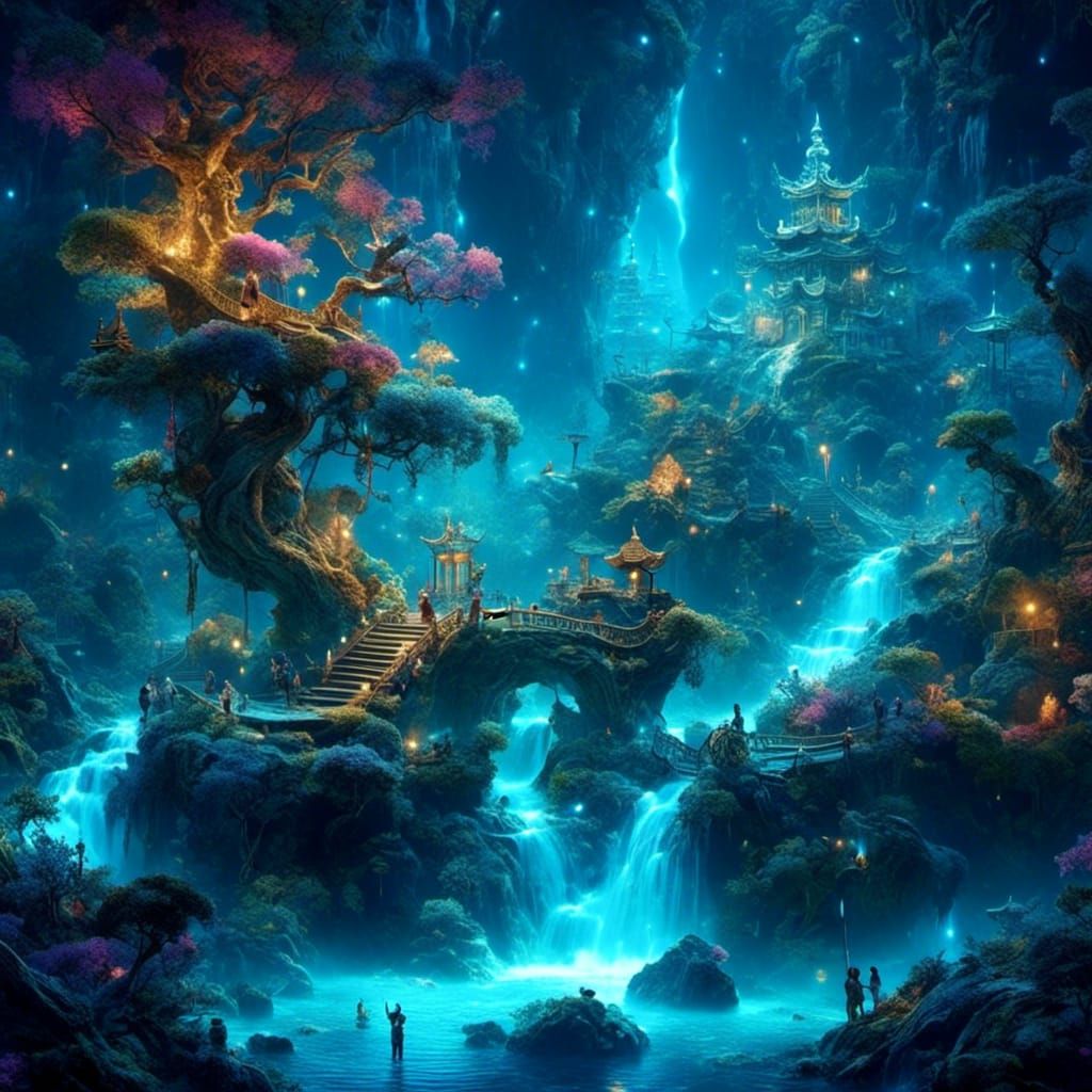 <lora:Artistic 1:1.0> <lora:Lotus:1.0> dark fantasy landscape underworld, with a giant magical ancient tree, bioluminescence, bushes mushroo...