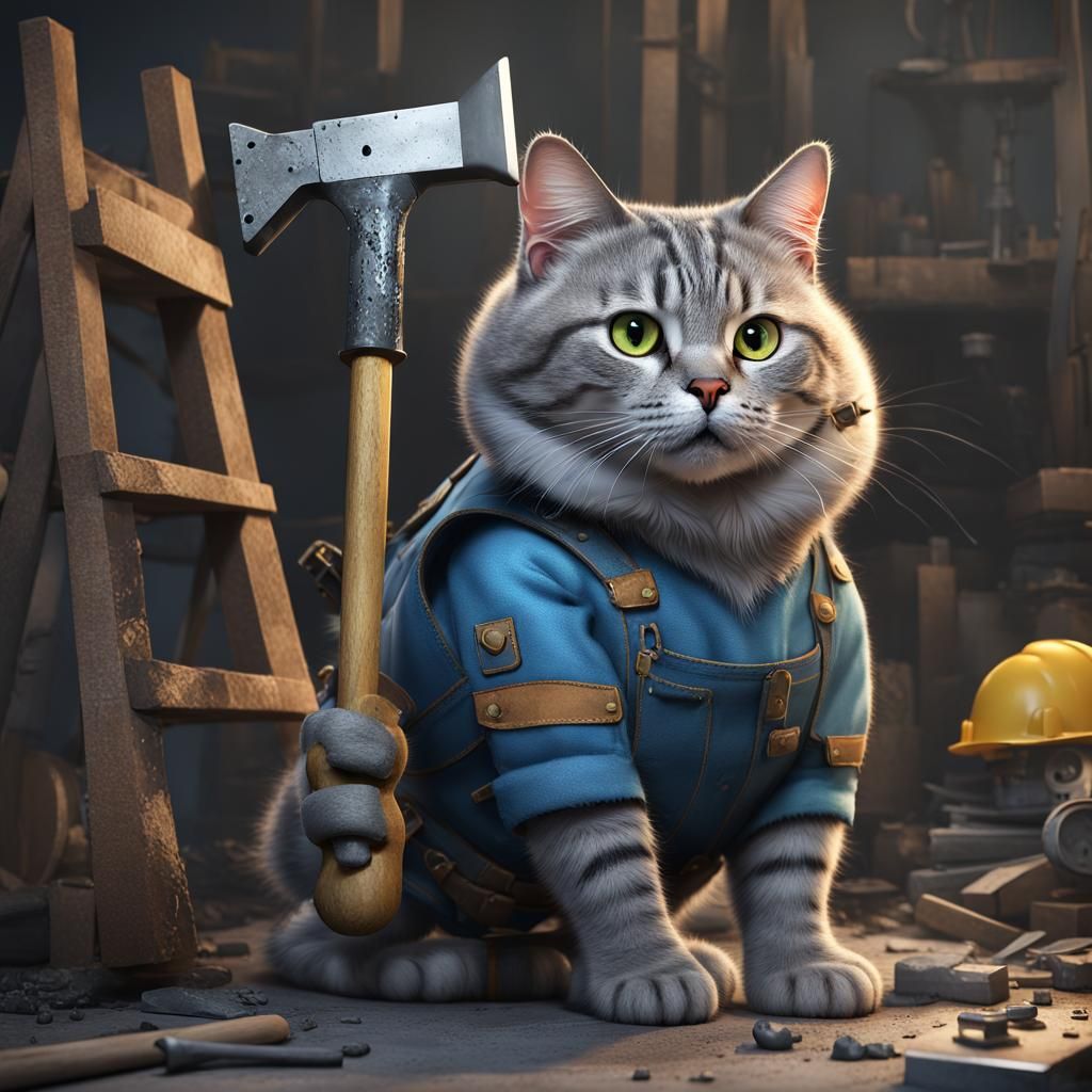 Fat grey tabby cat wearing a builder’s outfit and he has a h...