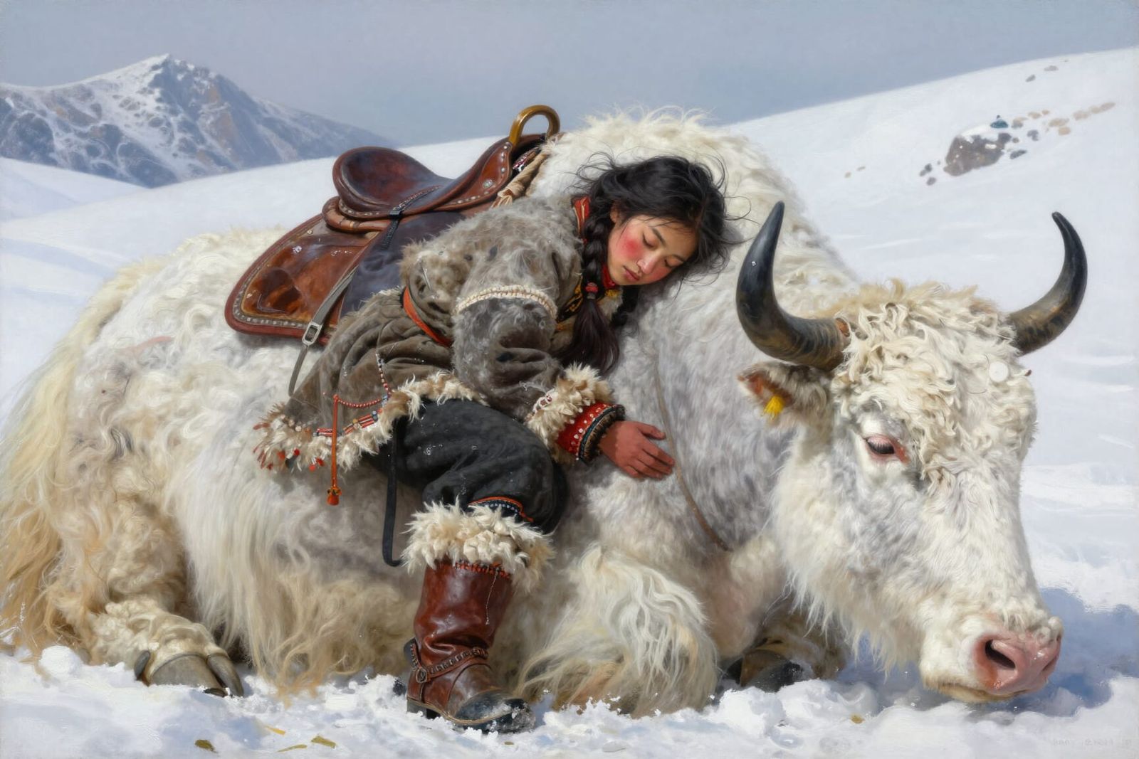 Nepali Woman Resting against Her Mountain Yak