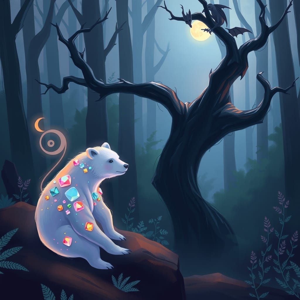 Luminescent Bear in Mystical Forest, Dreamy Art Style