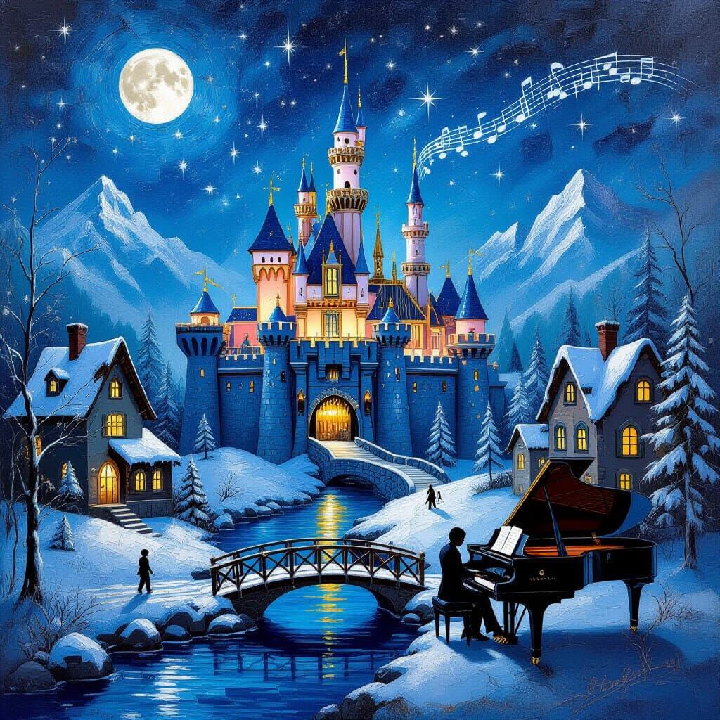 צבעי שמן של פסנתר על הנהר טירת פנטזיה מפוארת המתנשאת אל שמי הלילה זרועי הכוכבים, מוקפת בבתי פנטזיה גחמניים משני צדדיה, נחל מתפתל הזורם ביניה...