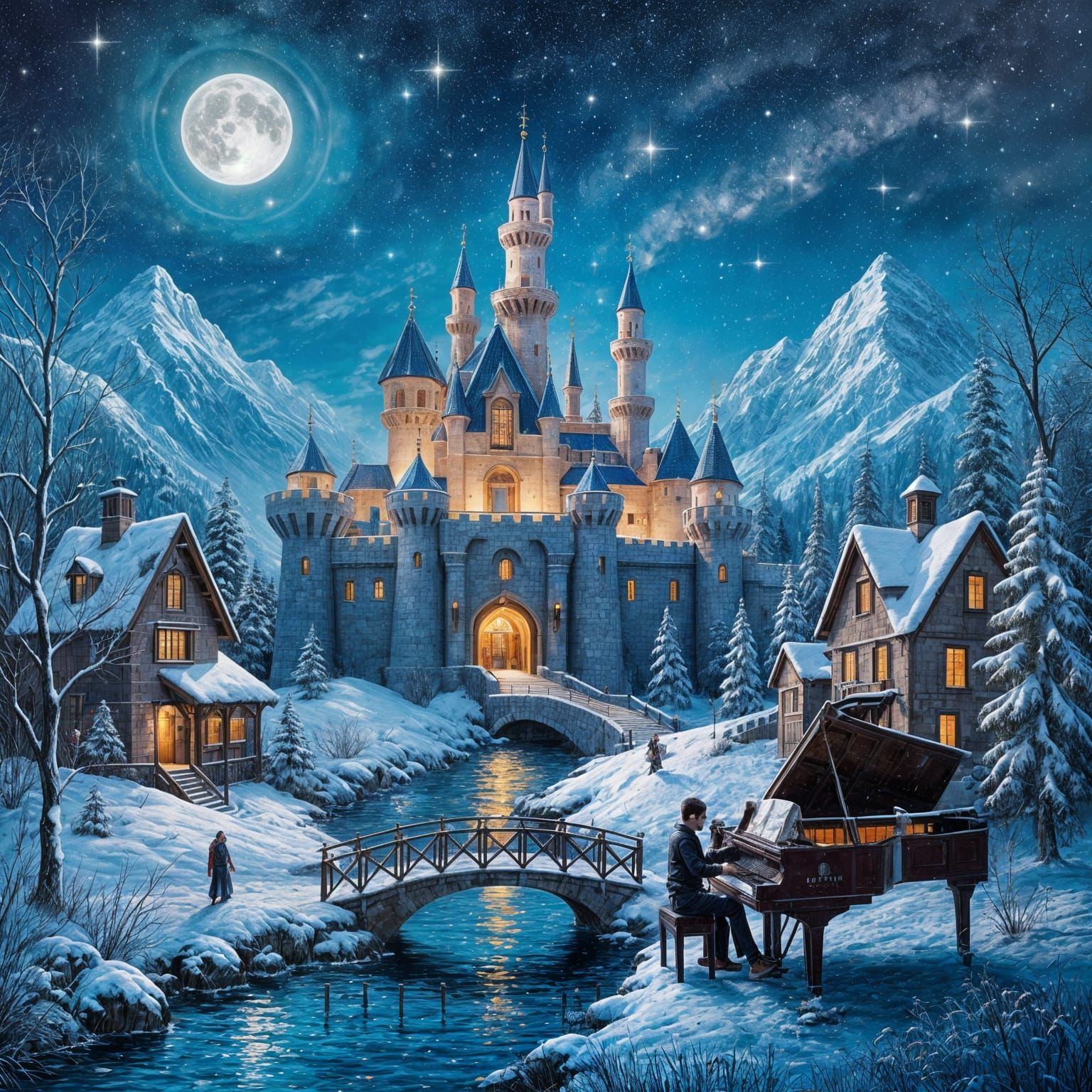 Fantasy Castle and Piano Landscape in Oil Paint