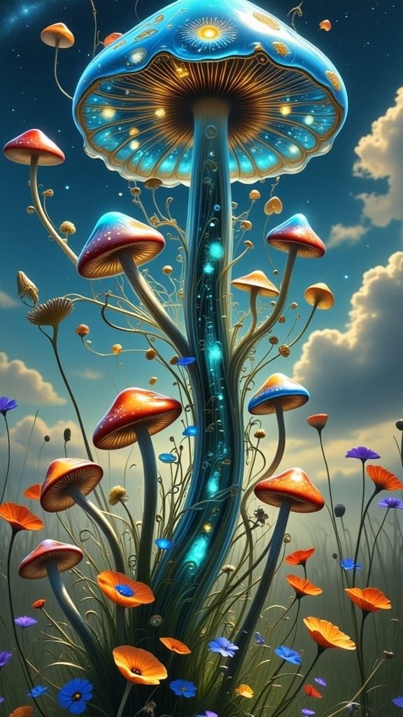 <lora:MILLENNIUM MUSHROOM:1.0>
VIVID fine art mytical realm of blue-sky view of a huge fantastical glowing transparent glass mushroom, whims...