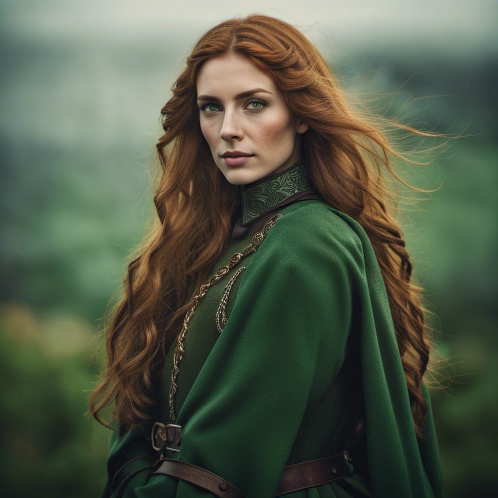 Portrait of a strong beautiful Gaelic woman dressed in a green riding ...