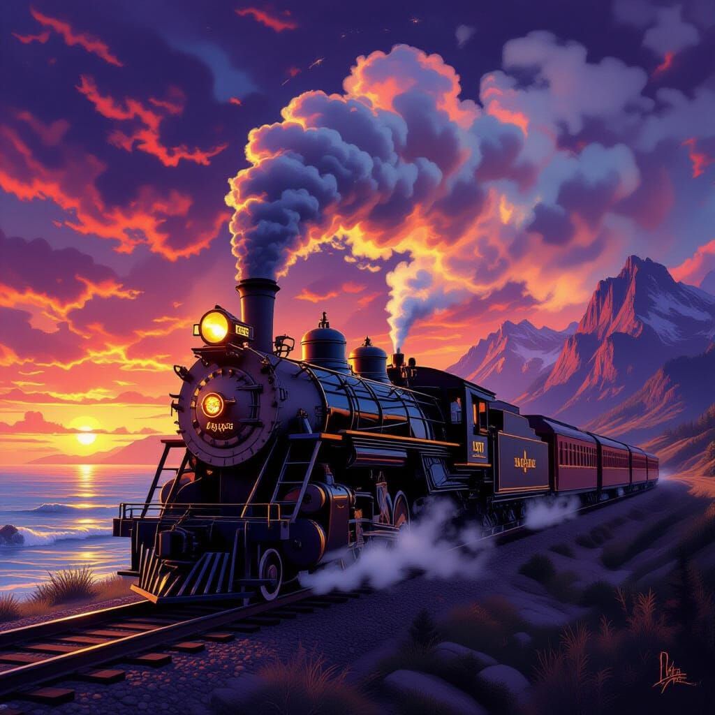 Vintage Steam Train on Dramatic Coastline at Sunset
