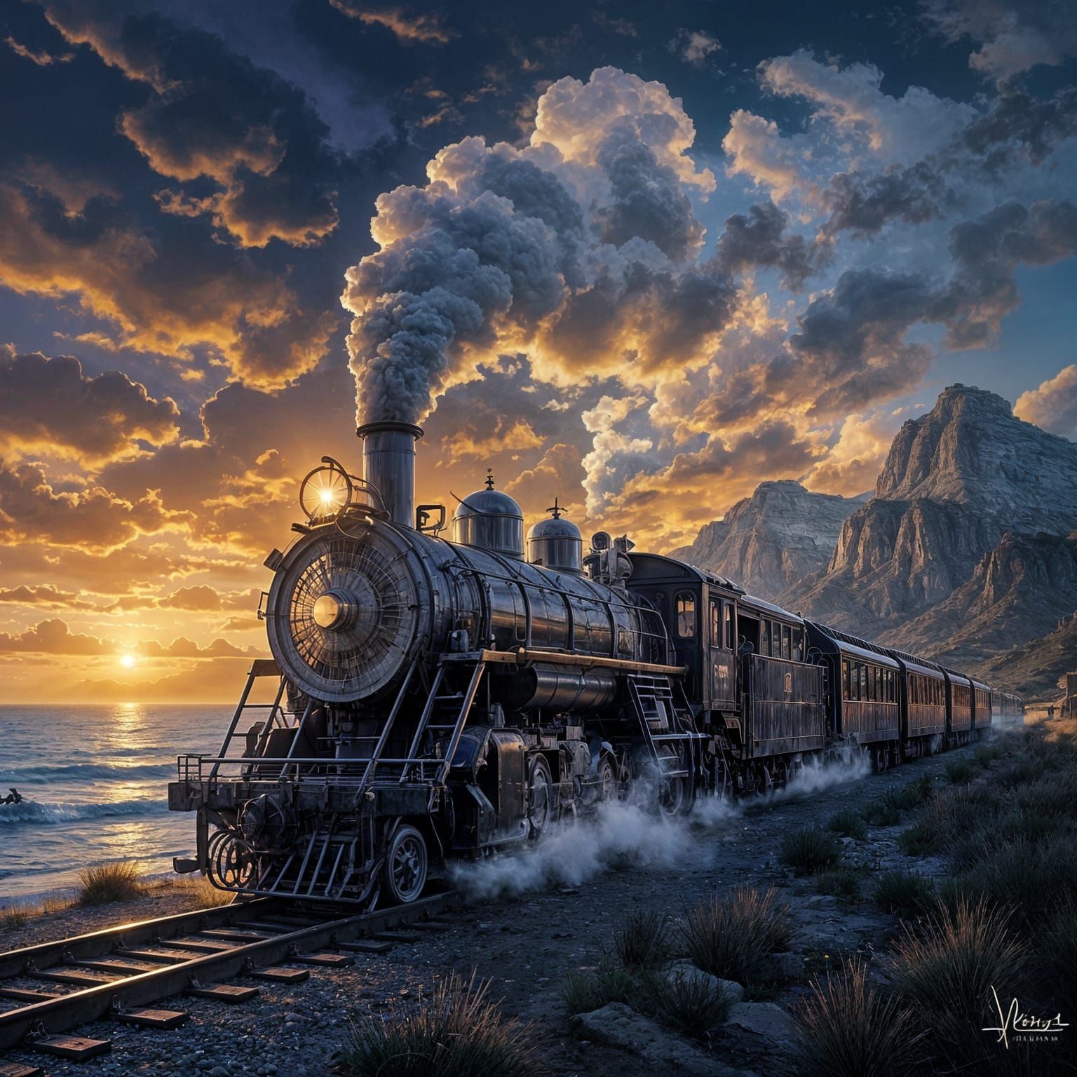 Vintage Steam Train on Dramatic Coastline at Sunset