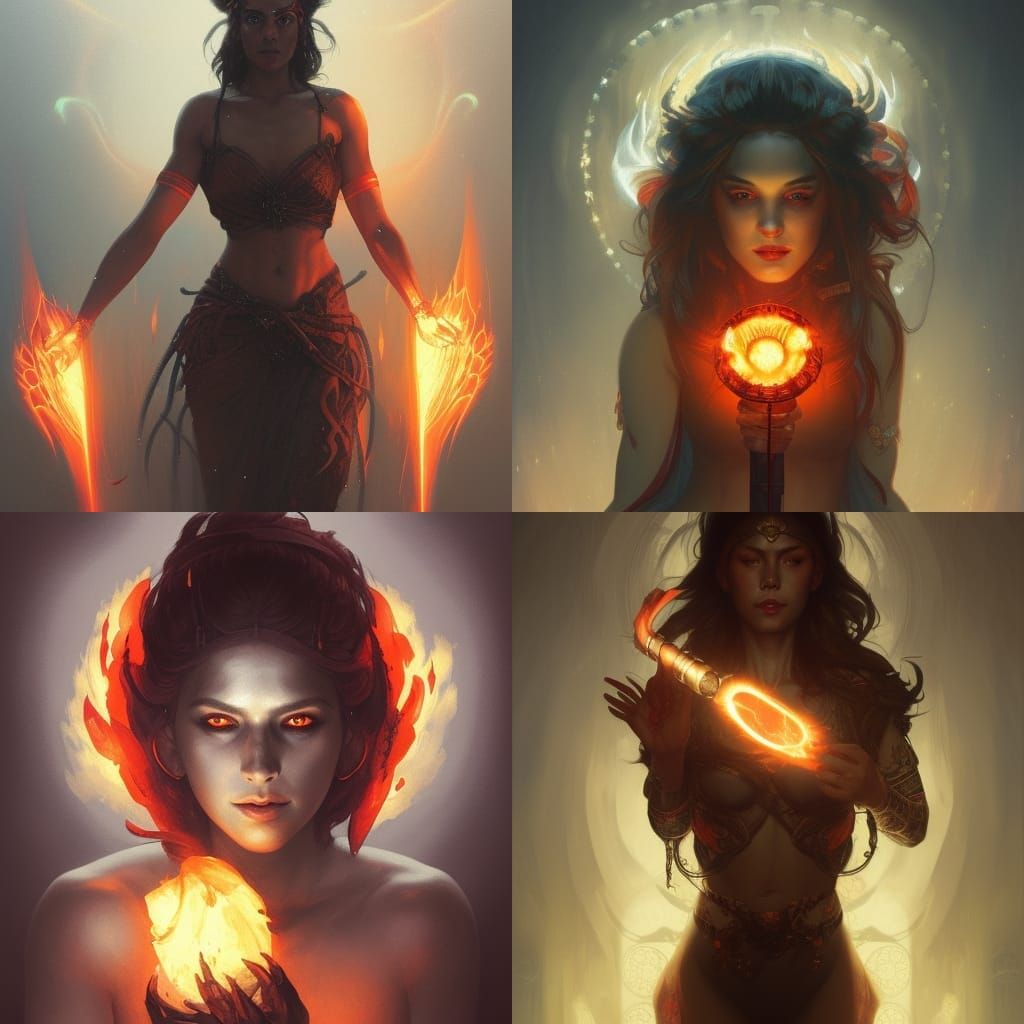 Goddess of shadows holding a torch of red flames glowing eye...