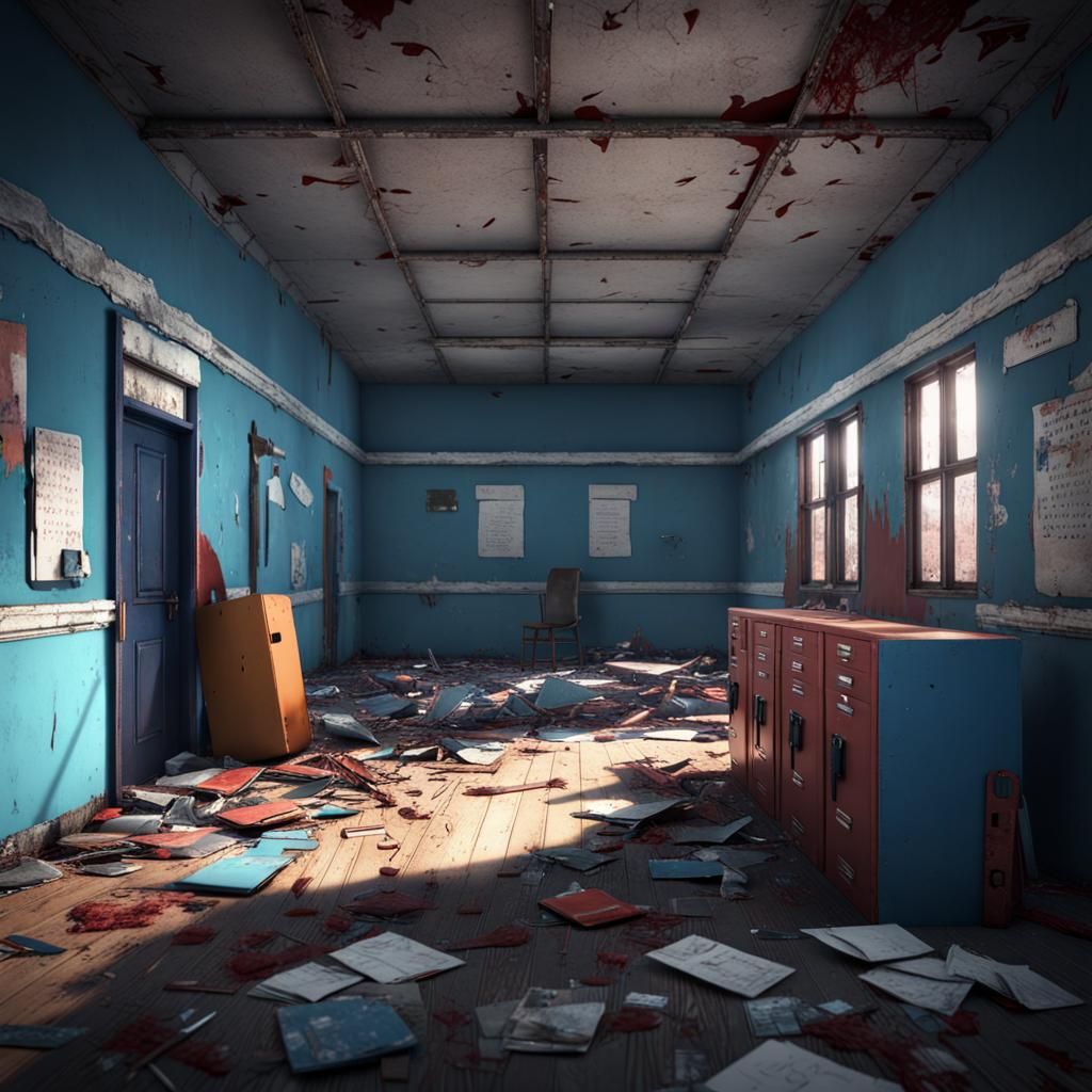 a abandaned school hallaway  in ruins with colorful lockers ...