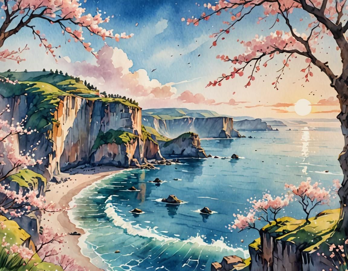 a beautiful landscape. cliffs tower over an ocean, cherry blossom trees scatter petals over the blue waves