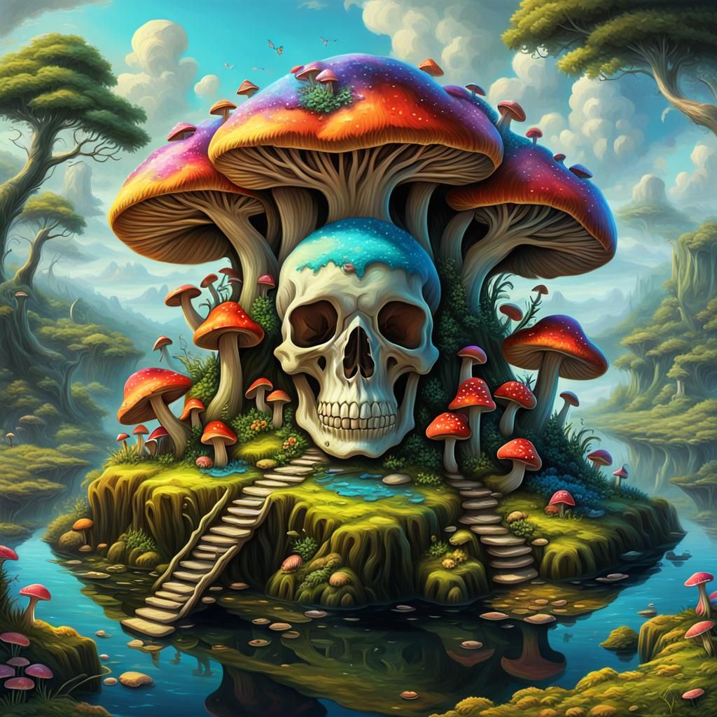 Skull and Mushrooms on Island in Fantasy Art