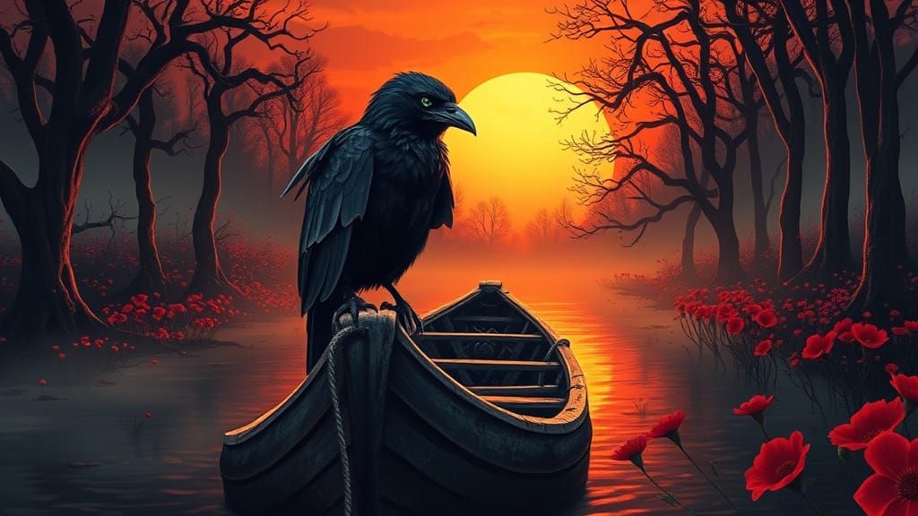 A stunning raven with lively eyes, dark sunset, a boat on a swampy river, wildflowers, by c215, Arthur ...  by @Mr Classics