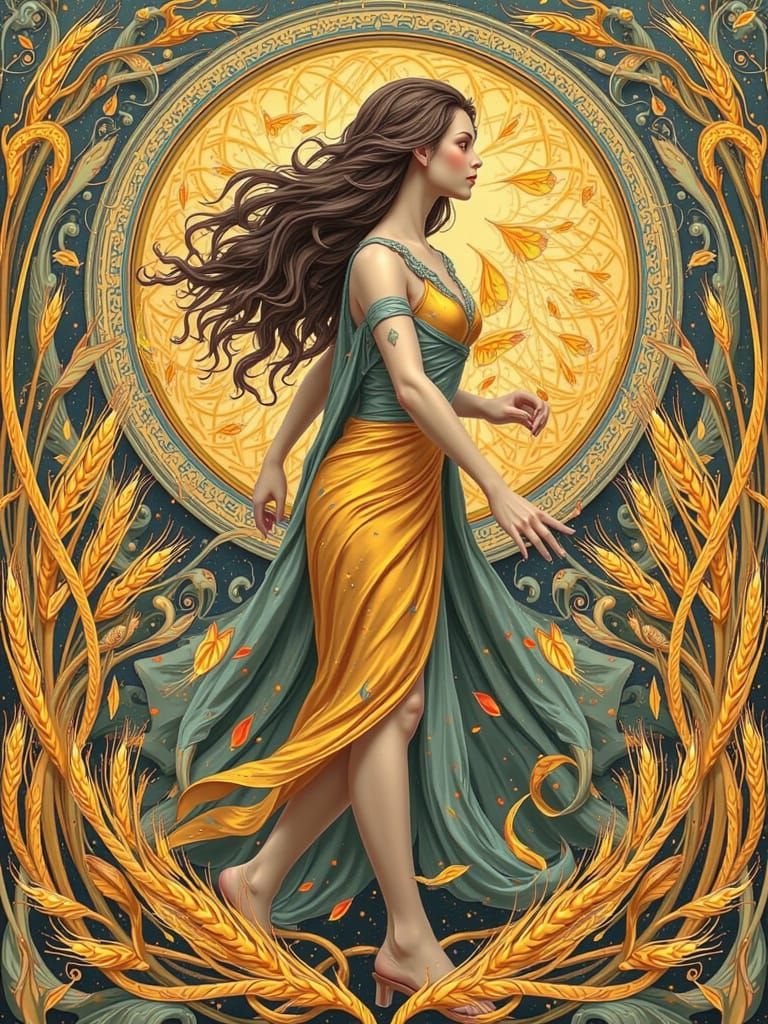 Art Nouveau design inside a circle made of intertwined wheat!