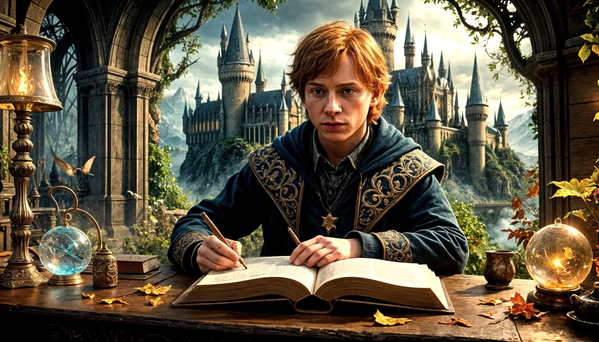  ‘Once Upon A Time’  Intricately textured, hyper-realistic 3D closeup of Ron Weasley studying at Hogwarts in a style reminiscent of high-def...